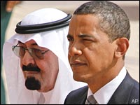 King Abdullah of Saudi Arabia welcomes President Barack Obama upon his arrival in Riyadh, Saudi Arabia, June 3